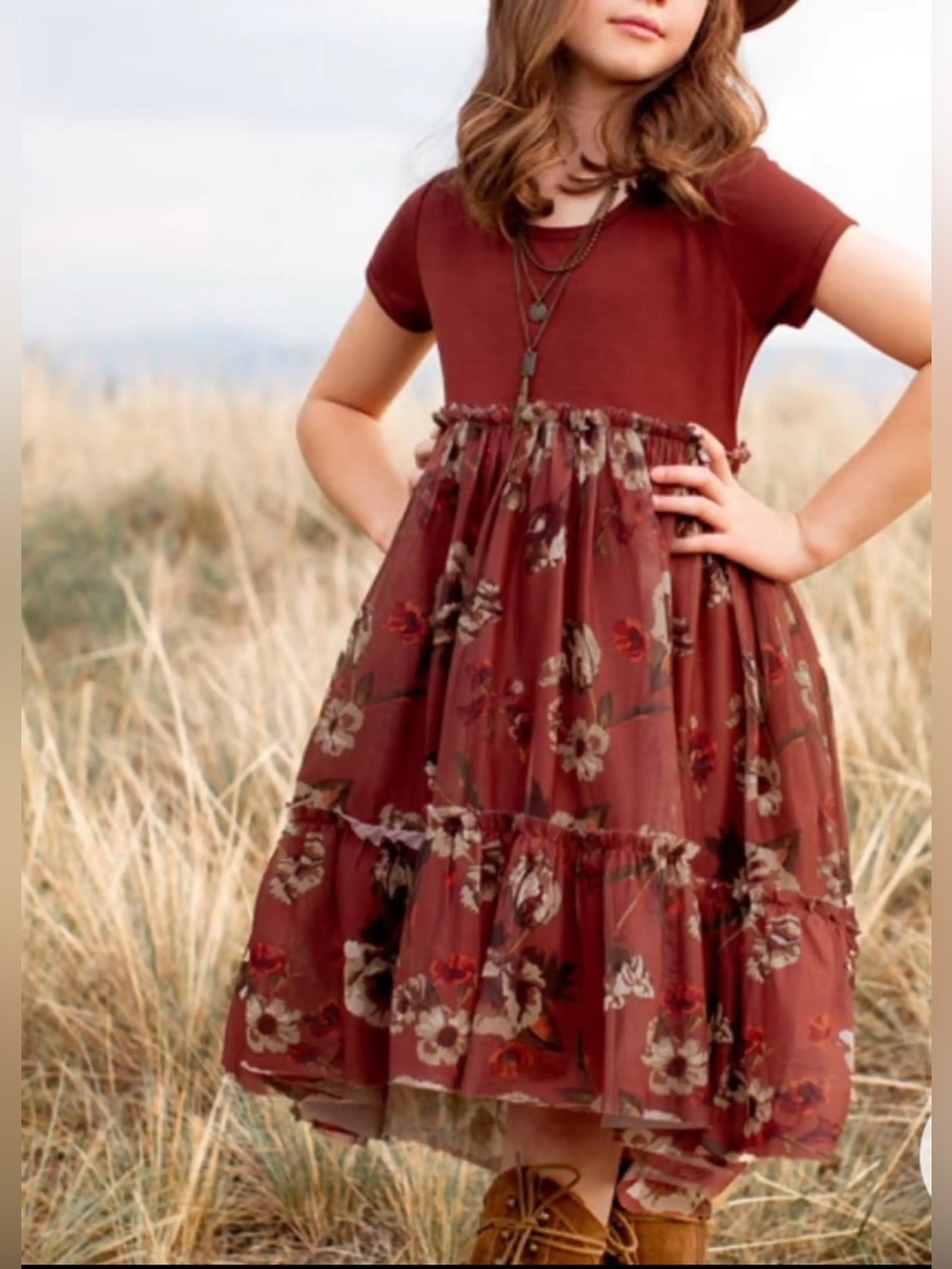 NWT Mia Joy Girls' Floral Rust Short-Sleeve Tulle Lorelei Dress Sz 6
